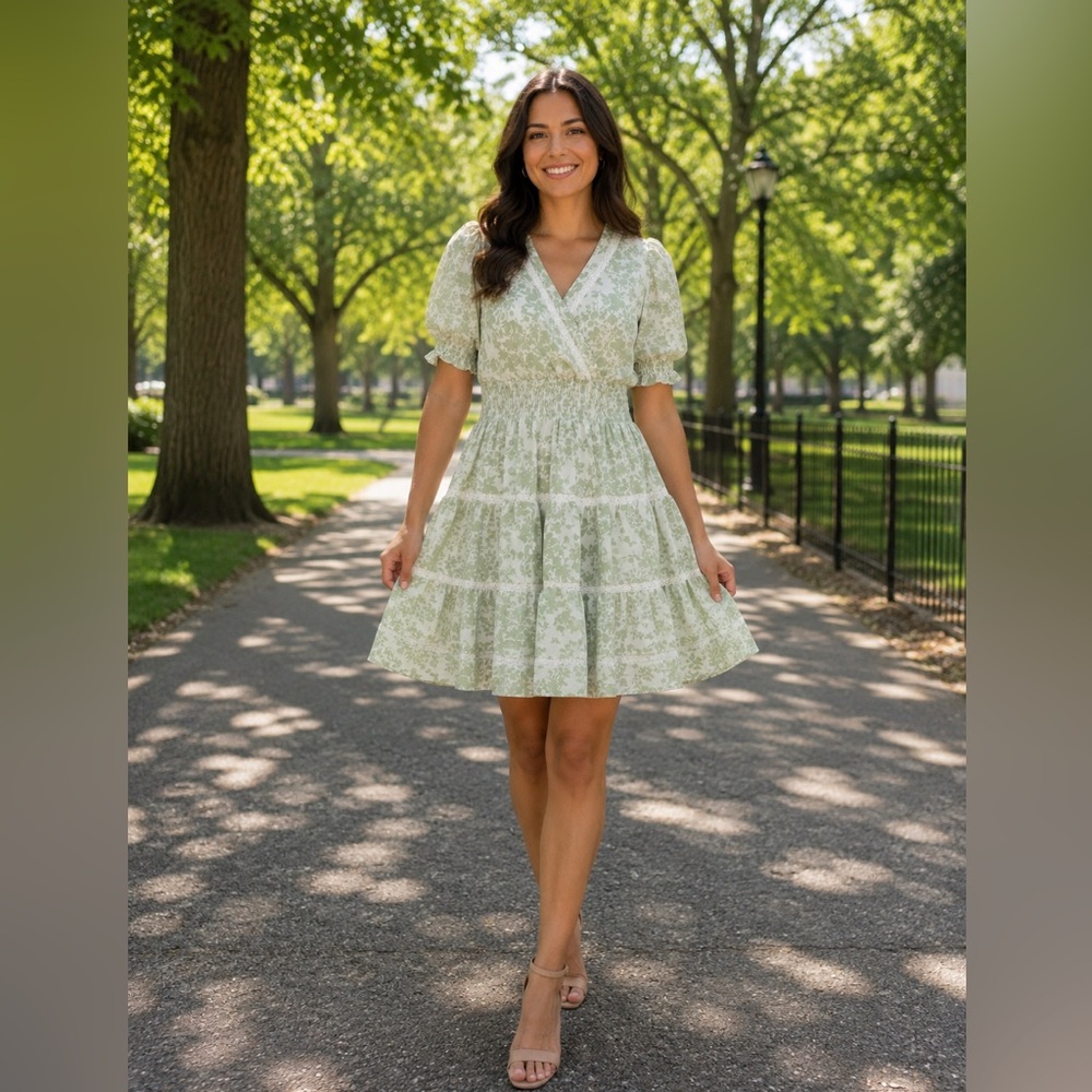 NEW TAYLOR Smocked Mini Dress S Puff Sleeve Cottagecore Sage Floral Lagenlook